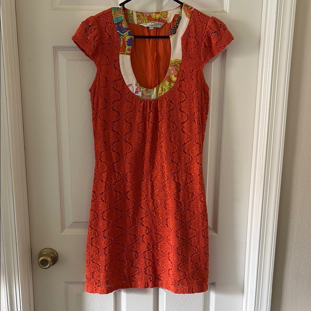 Trina Turk Orange Sheath Mini Dress with Colorful Print Flutter Cap Sleeves